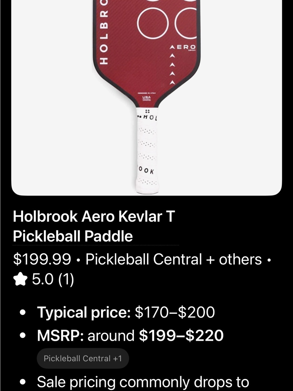 Holbrook Aero Kevlar T Pickleball Paddle - Burgundy/White